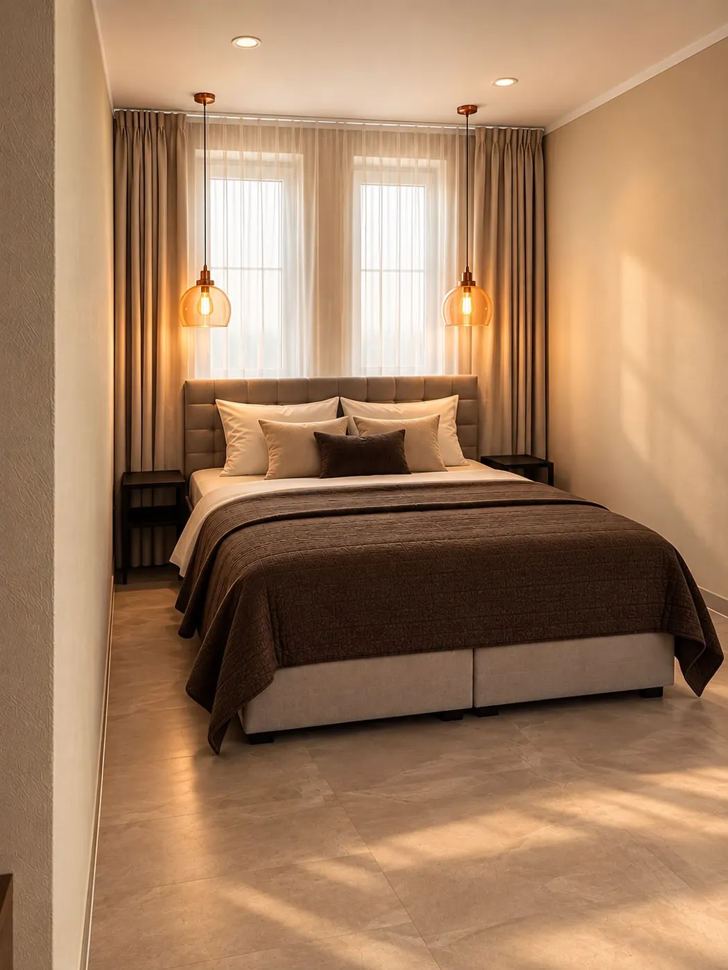 Schlafzimmer mit Doppelbett und hohen Fenstern, Maison Vallon · Vallon