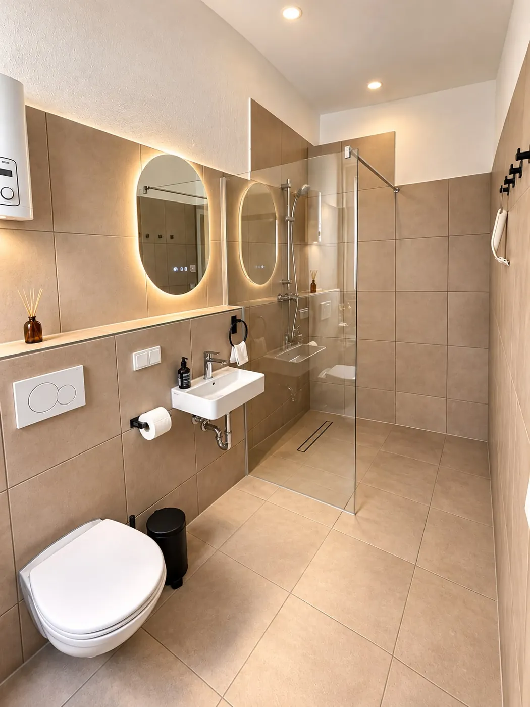 Bad mit bodengleicher Dusche und beleuchteten Spiegeln, Maison Vallon · Vallon