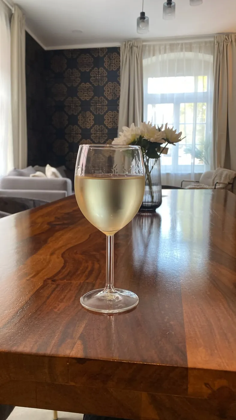 Glas Weißwein auf dem Holztisch, Maison Vallon · Vallon