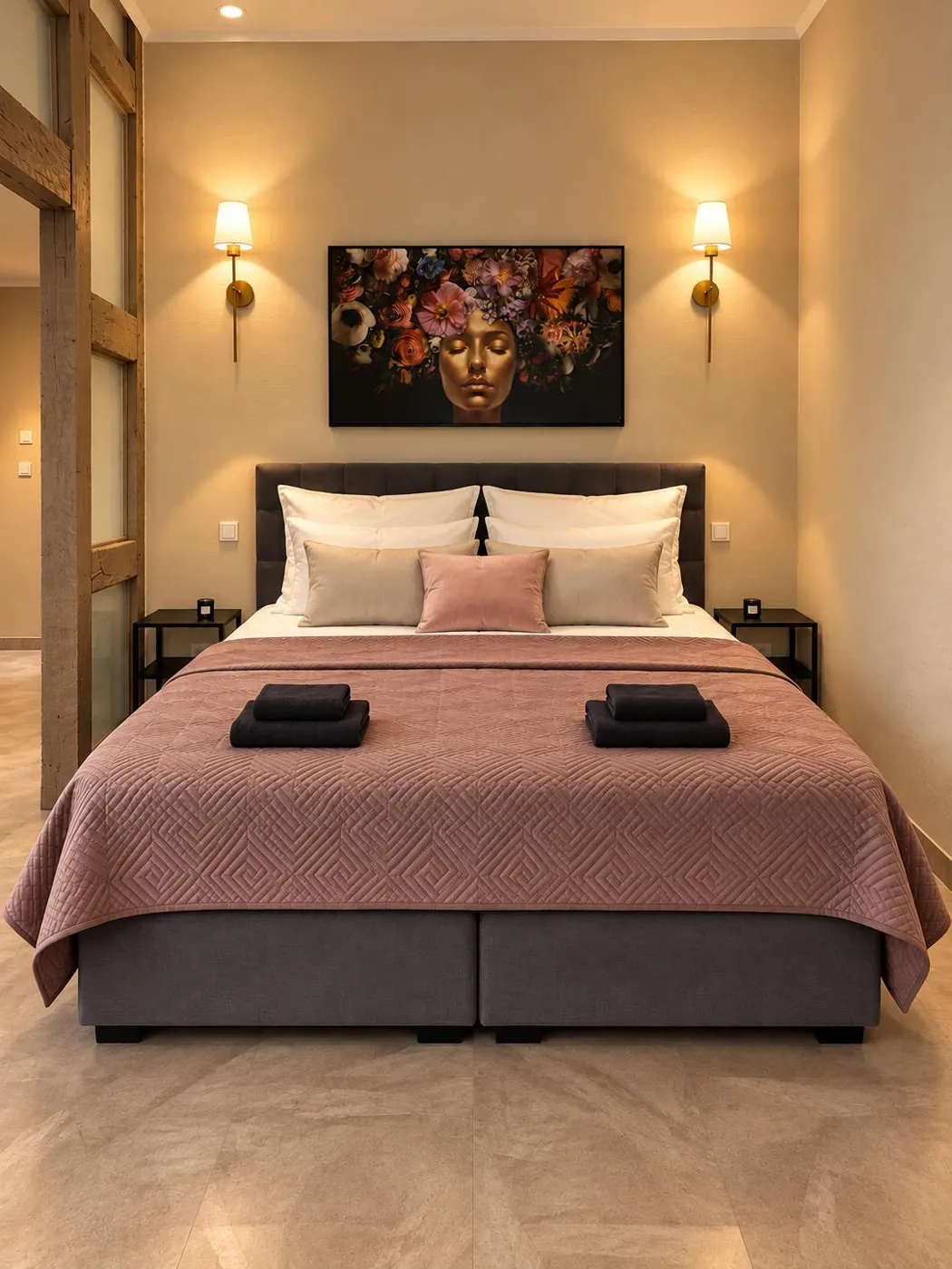 Schlafzimmer mit Doppelbett und Wandleuchten, Maison Vallon · Aubin