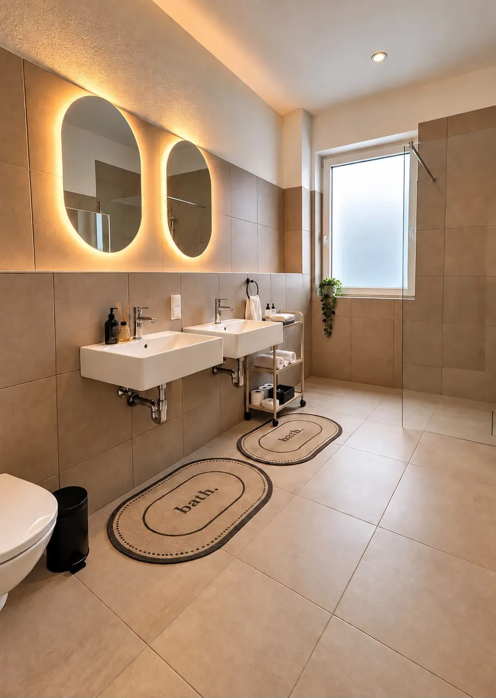 Bad mit Doppelwaschtisch und runden Spiegeln, Maison Vallon · Aubin