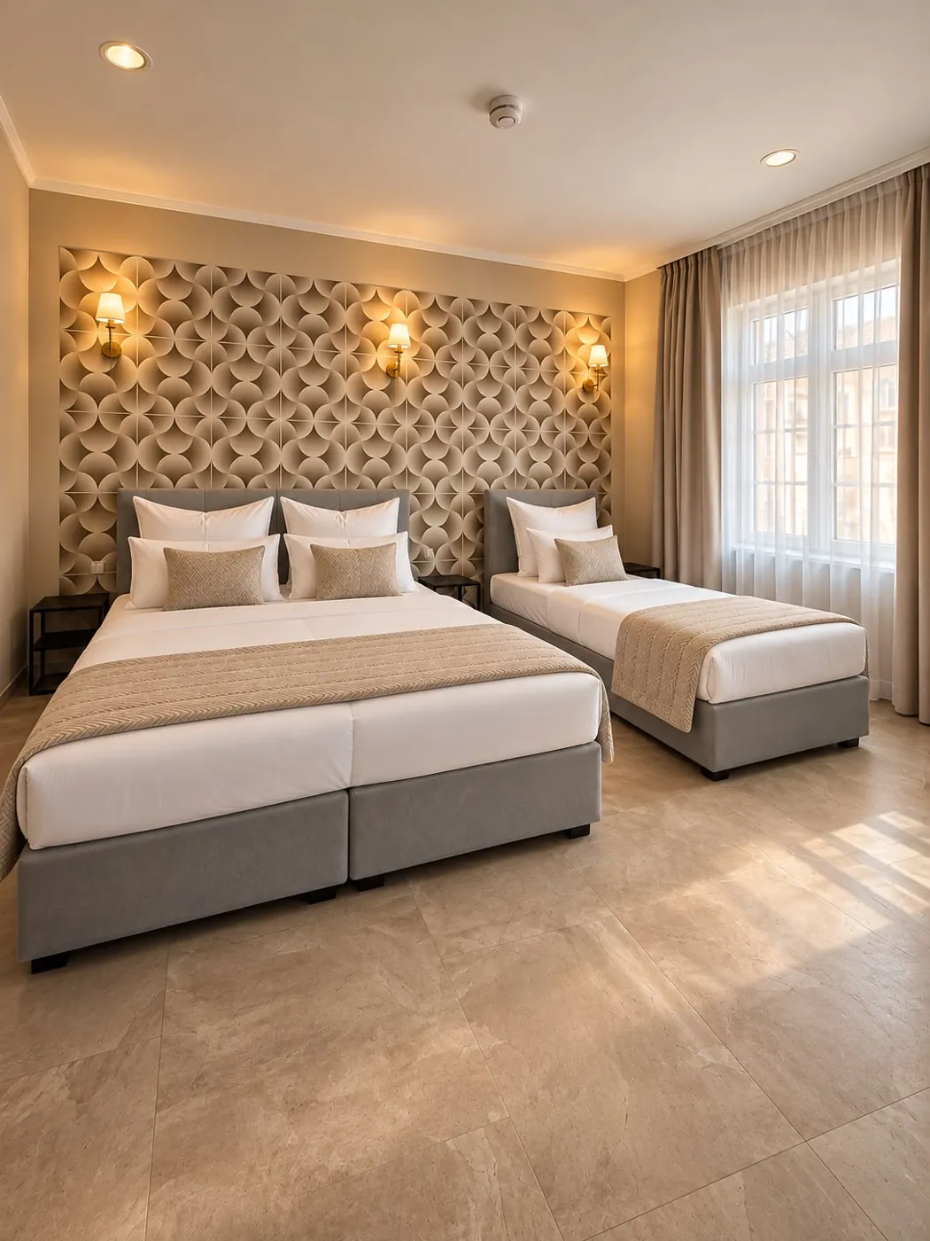 Schlafzimmer mit zwei Betten vor gemusterter Tapete, Maison Vallon · Christine