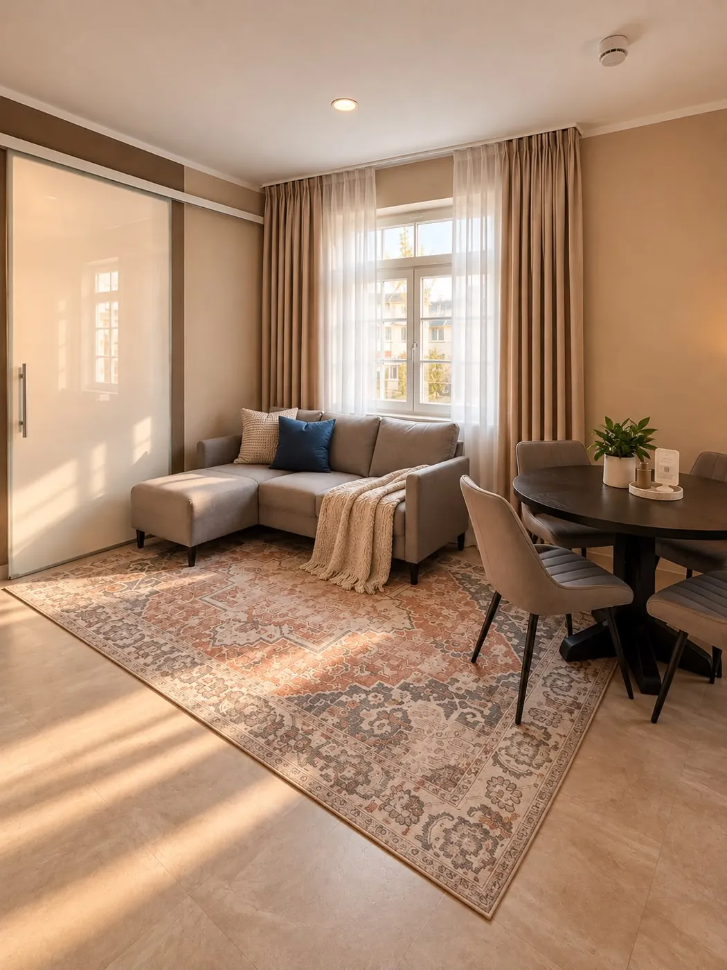 Wohnbereich mit Ecksofa, Teppich und Essplatz, Maison Vallon · Christine
