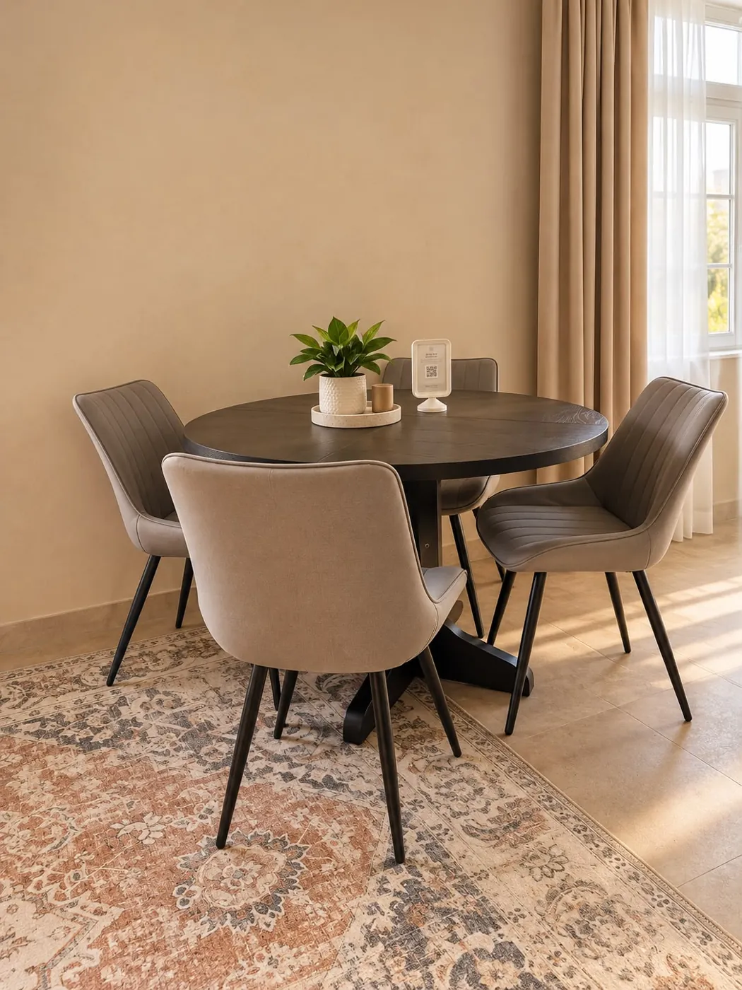Runder Esstisch mit grauen Stühlen, Maison Vallon · Christine
