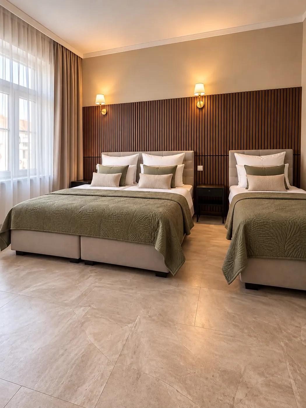 Schlafzimmer mit zwei Betten und Holzlamellen an der Wand, Maison Vallon · Isidore