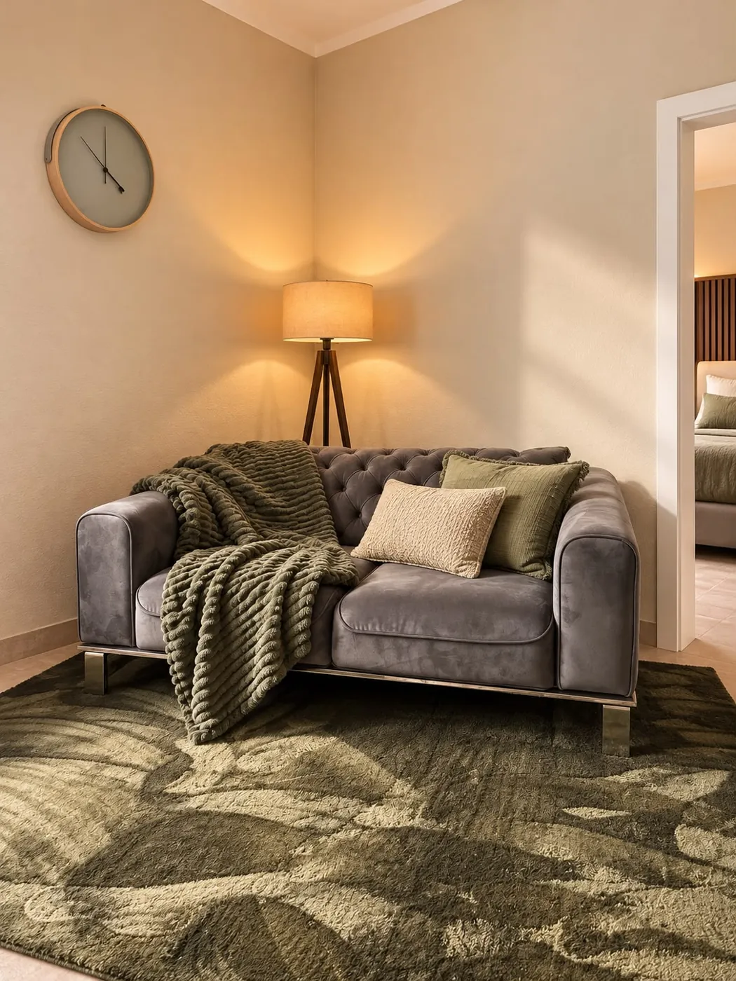 Graues Sofa mit grüner Decke, Maison Vallon · Isidore