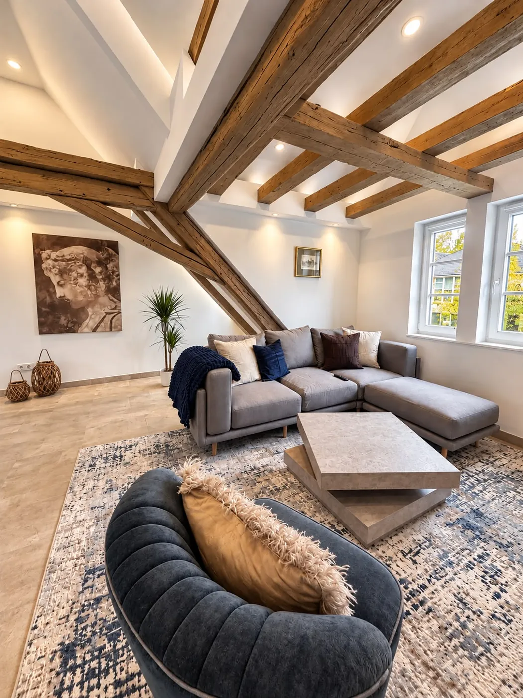 Wohnraum unter den Holzbalken der Wohnung Frera