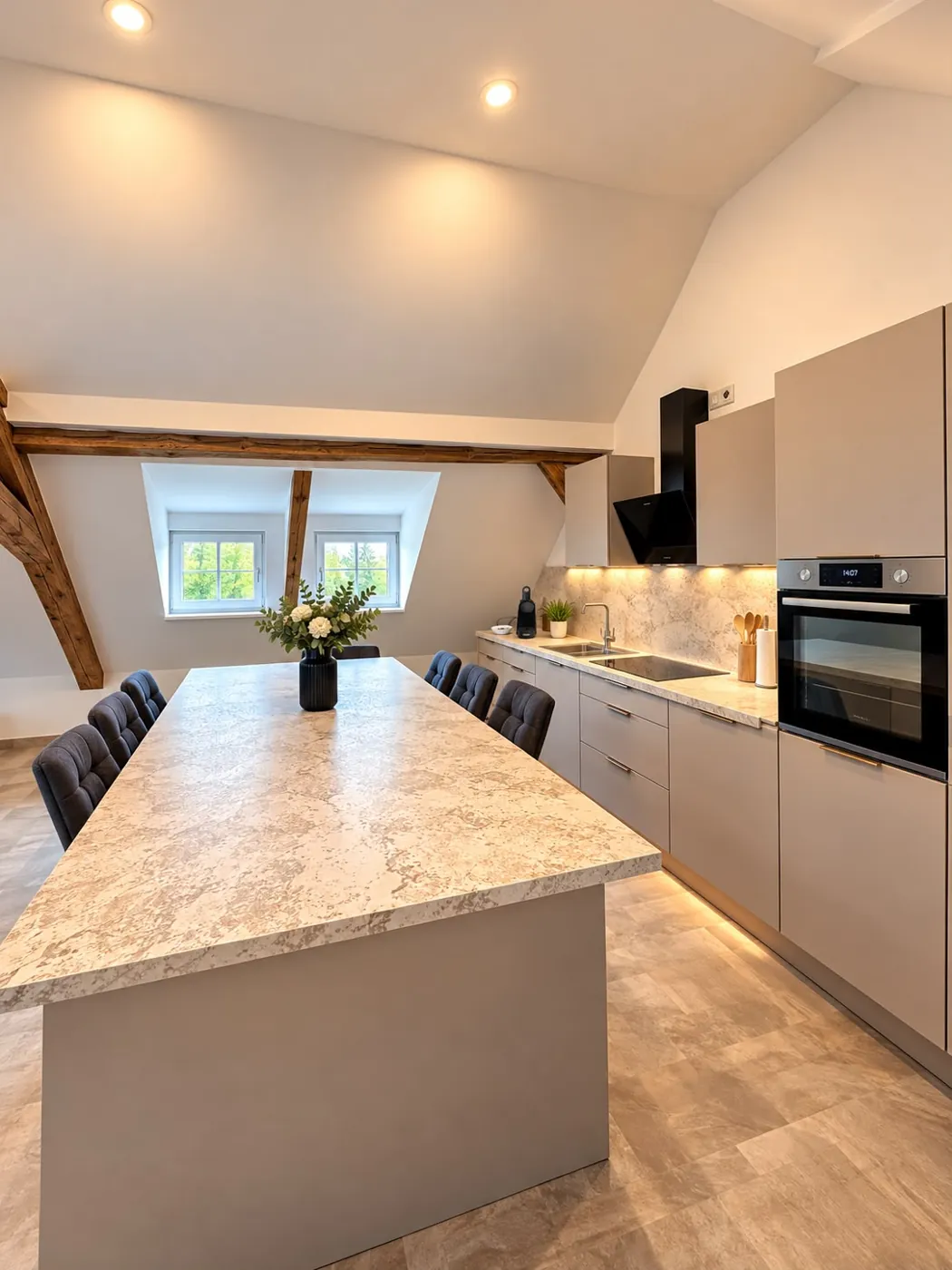 Küche mit langer Arbeitsinsel unter der Dachschräge, Maison Vallon · Frera