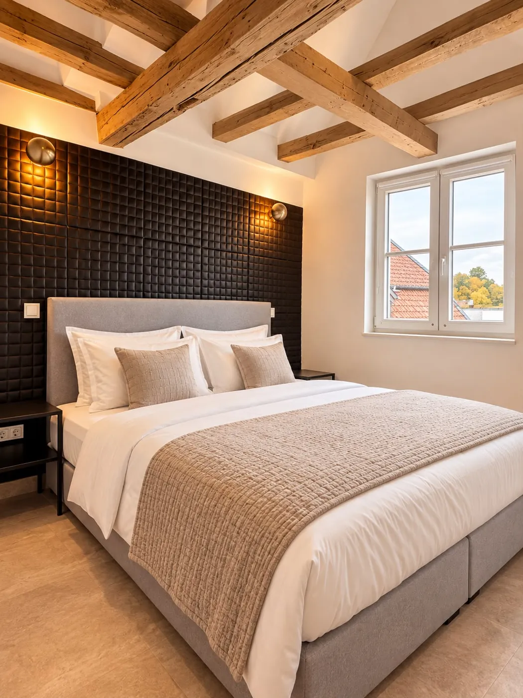 Schlafzimmer mit dunkler Wand und Doppelbett, Maison Vallon · Frera